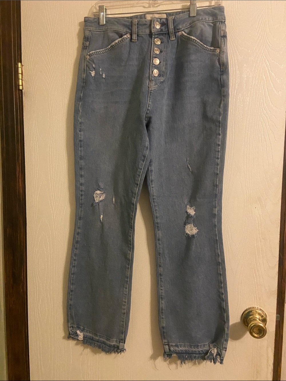 Free People High-Rise Distressed Straight Jeans in Light Blue